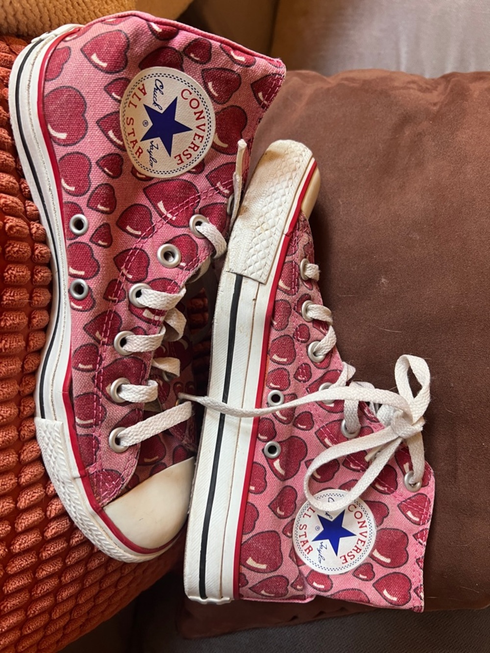 Converse Pink Canvas High-Top Sneakers with Red Heart Print